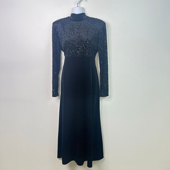 Vtg K.C. Spencer Black Velvet Burnout Maxi Dress 10 Goth Witchy Evening Gown - Picture 1 of 12